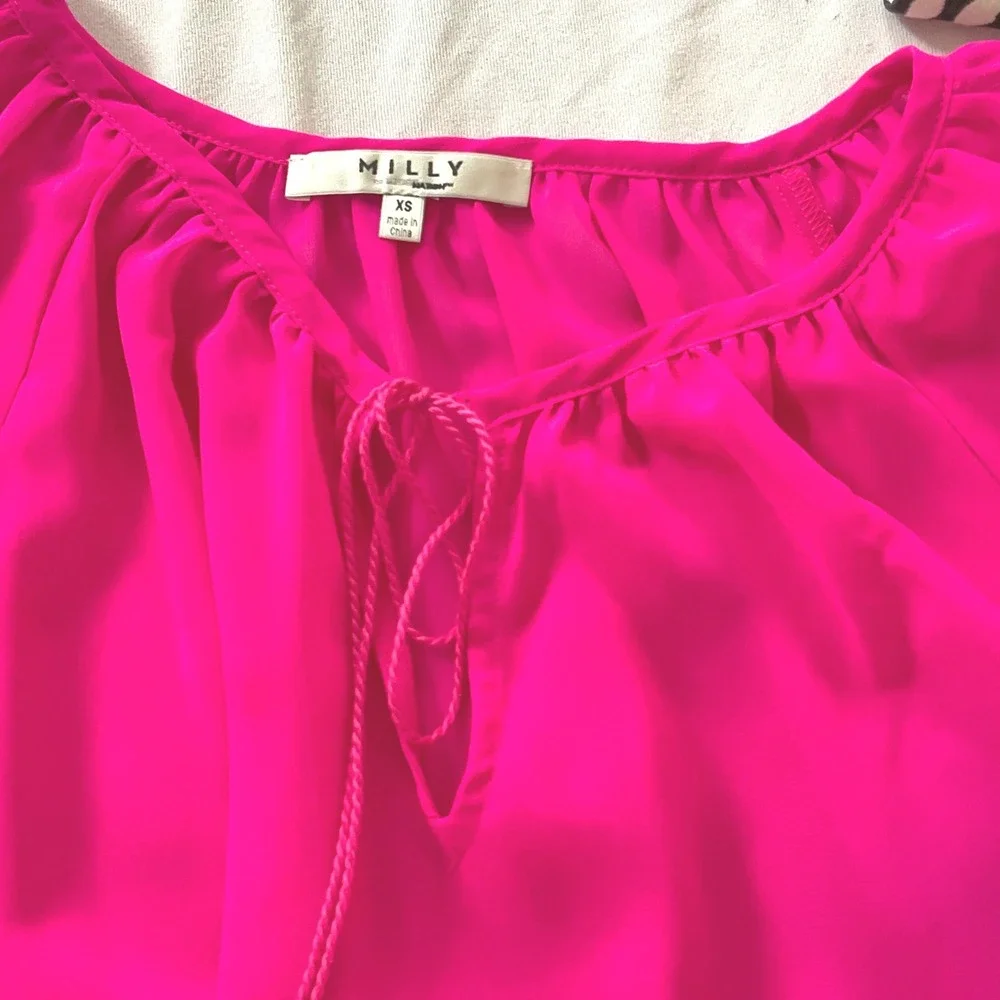 MILLY for design nation womens blouse sheer hot pink Bright ruffle XS maximalist